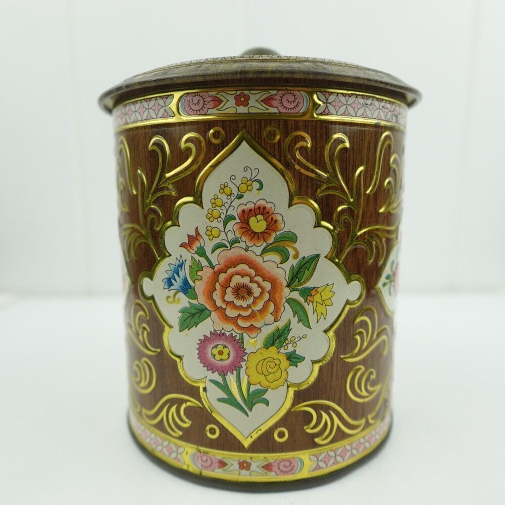 Daher English Vintage Lidded Tin Container Embossed Floral Decor - Picture 2 of 11